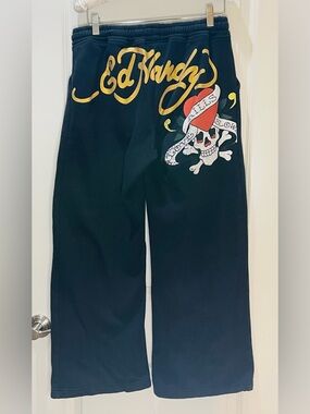 Ed Hardy Black Sweatpants with Yellow Logo and Red Heart Skull Size M